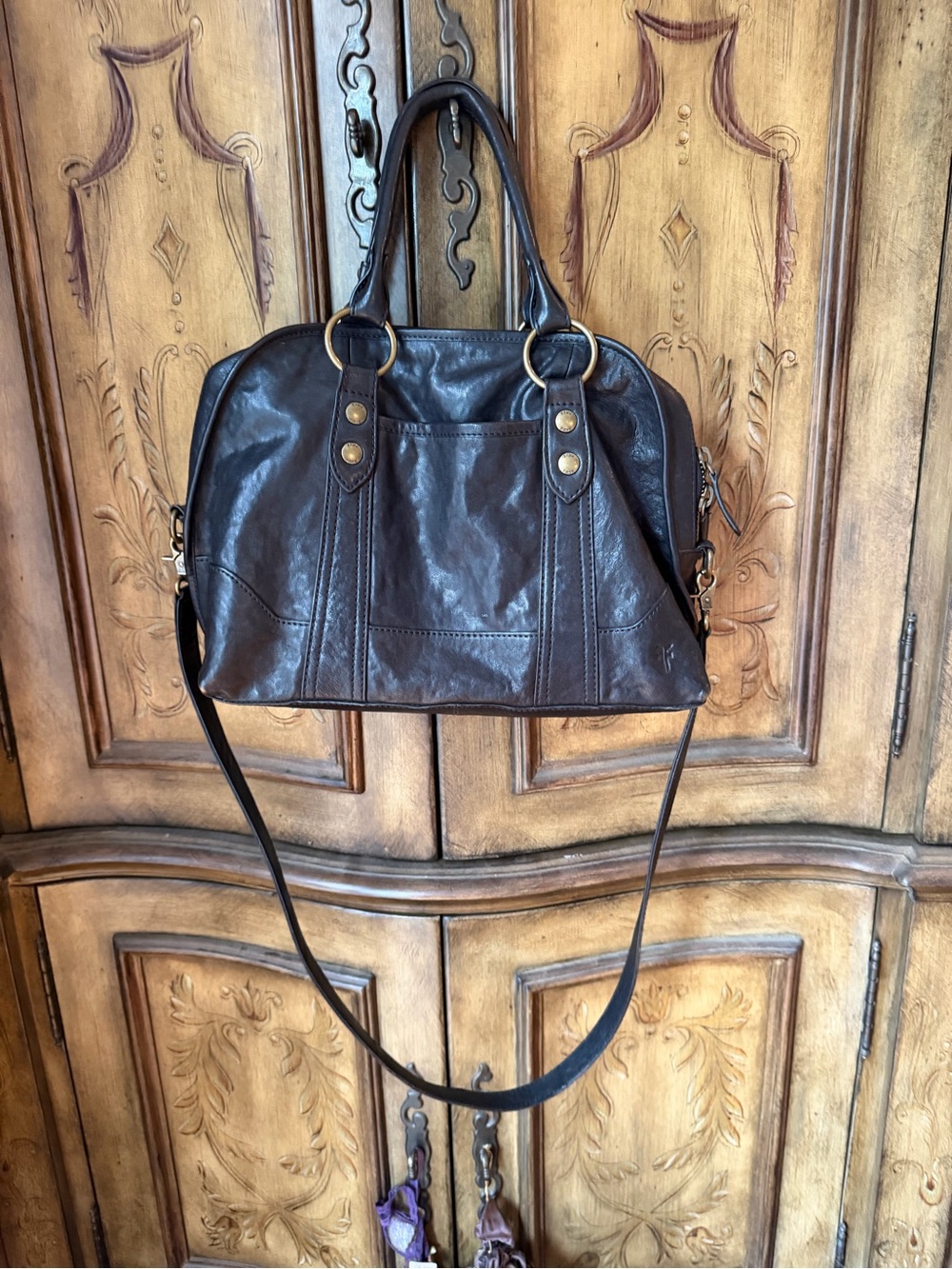 FRYE AND CO. Dark Brown Leather Satchel with Brass Accents
